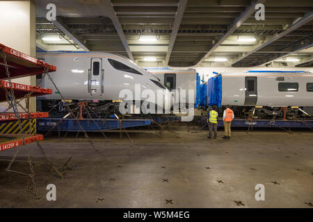 Arrival of model train at Southampton Port on board a transport vessel operated by Wallenius Wilhelmsen Stock Photo