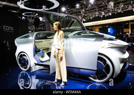 An Icona Nucleus self-driving electric concept vehicle is displayed during the 18th Shanghai International Automobile Industry Exhibition, also known Stock Photo