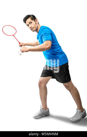 Sport equipment. Shuttlecock and badminton racket, skipping rope, sneakers  and measuring tape on blue background. Fitness, sport and healthy lifestyle  Stock Photo - Alamy