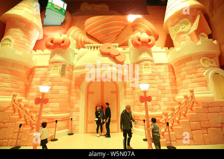 Interior view of China's first Hello Kitty Indoor Theme Park, named as 'Hello Kitty Shanghai Times', in Shanghai, China, 6 April 2019.   Hello Kitty I Stock Photo