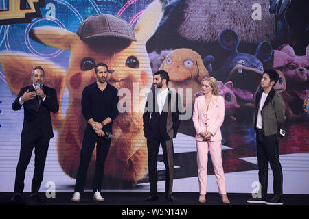 (From right) Chinese actor Lei Jiayin, American actress Kathryn Newton, actor Justice Smith, Canadian-American actor Ryan Reynolds, and American film Stock Photo