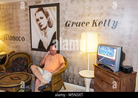 Florida Lake Worth,The Motel of Stars,lodging,Americana,themed rooms,budget,guest room,interior inside,Grace Kelly suite,TV,television,set,adult adult Stock Photo