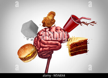 Junk food brain health and unhealthy nutrition choices for mental function as a human thinking organ being hit by a cheeseburger sugar soft drink.