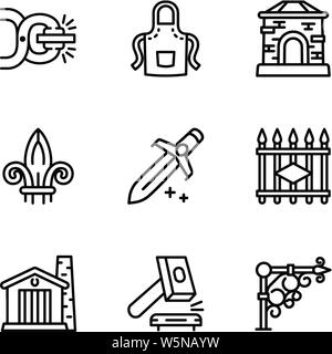 Blacksmith tools icon set. Outline set of 9 blacksmith tools vector icons for web design isolated on white background Stock Vector
