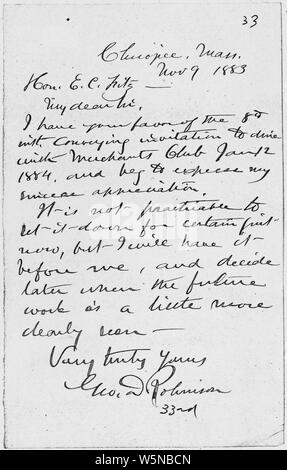 George D. Robinson Letter to E. C. Fitz November 9, 1883; Scope and content:  Handwritten letter of George D. Robinson, governor of Massachusetts, 1884 to 1887, to E. C. Fitz. Stock Photo