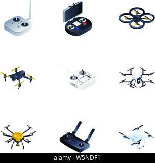 Drone remote control icon set. Isometric set of 9 drone remote control vector icons for web design isolated on white background Stock Vector