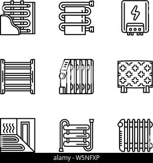 Heater radiator icon set. Outline set of 9 heater radiator vector icons for web design isolated on white background Stock Vector