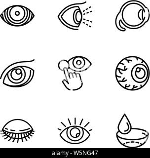 Optometry icon set. Outline set of 9 optometry vector icons for web design isolated on white background Stock Vector