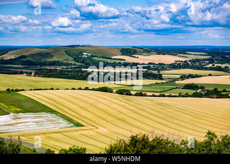 View from Firle Beacon in East Sussex of the beautiful English farming landscape. Stock Photo