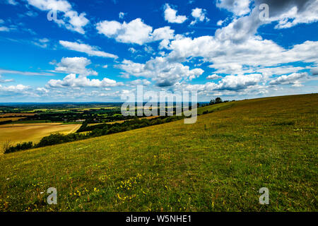 View from Firle Beacon in East Sussex of the beautiful English farming landscape. Stock Photo