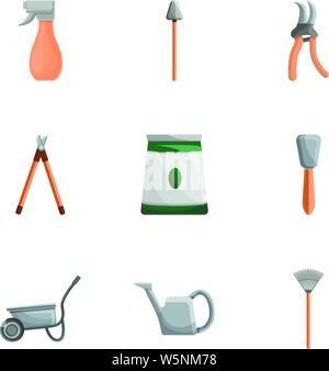 Garden tools icon set. Cartoon set of 9 garden tools vector icons for web design isolated on white background Stock Vector