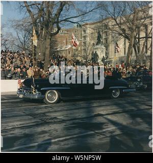 Inaugural Parade. President and First Lady in Limousine, spectators. Washington, D.C., Pennsylvania Ave. Stock Photo