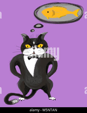 black cat with glasses dreams of a fish design for children freehand drawing Stock Photo