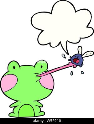 cute cartoon frog catching fly with tongue with speech bubble Stock Vector