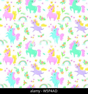 Seamless vector summer pattern with different unicorns, rainbows and flowers Stock Vector