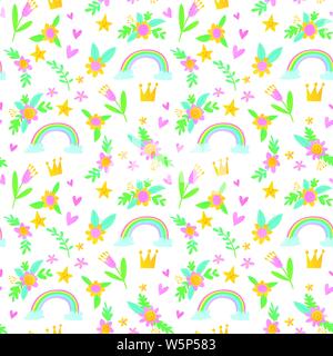 Seamless vector summer pattern with rainbows and flowers Stock Vector