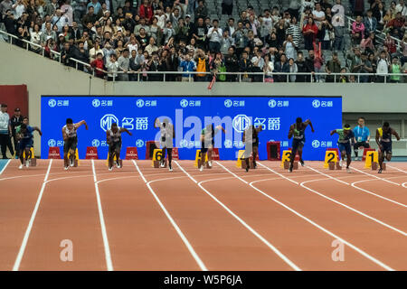 Runners compete in the 100m Men during the IAAF Diamond League Shanghai in Shanghai, China, 18 May 2019. Stock Photo