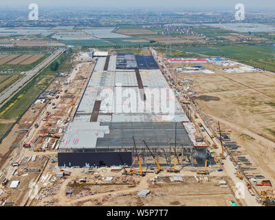 Aerial view of the Tesla Shanghai Gigafactory under construction in Lingang, Shanghai, China, 10 May 2019.   In the latest aerial photos of the Tesla Stock Photo