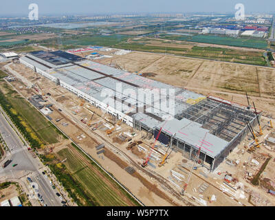 Aerial view of the Tesla Shanghai Gigafactory under construction in Lingang, Shanghai, China, 10 May 2019.   In the latest aerial photos of the Tesla Stock Photo