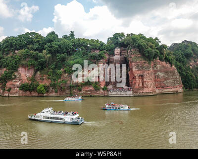 Aerial view of the Leshan Giant Buddha after renovating its damaged chest and abdomen and remove algae on its face in Leshan city, southwest China's S Stock Photo