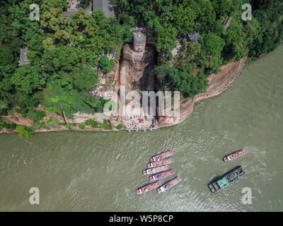 Aerial view of the Leshan Giant Buddha after renovating its damaged chest and abdomen and remove algae on its face in Leshan city, southwest China's S Stock Photo