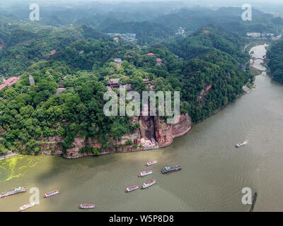 Aerial view of the Leshan Giant Buddha after renovating its damaged chest and abdomen and remove algae on its face in Leshan city, southwest China's S Stock Photo