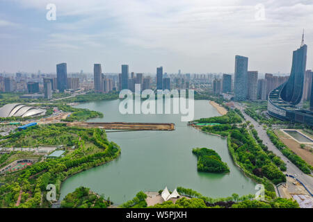 Aerial view of the counstruction site of Swan Lake Tunnel in Hefei city, east China's Anhui province, 27 April 2019. Stock Photo