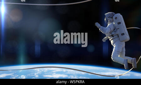 astronaut with safety tether performing a spacewalk in empty space Stock Photo