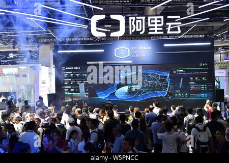 --FILE--People visit the stand of Alibaba Cloud, or Aliyun.com, the online cloud computing unit of Alibaba Group, during the Computing Conference 2018 Stock Photo