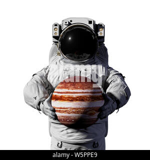 astronaut holding planet Jupiter, isolated on white background Stock Photo