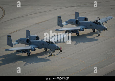 U.S. Air Force A-10C Thunderbolt II aircraft from the Indiana Air National Guard’s 122nd Fighter Wing return from a training mission during Northern Strike 19 at the Alpena Combat Readiness Training Center, Mich., July 26, 2019. Northern Strike 19 is a National Guard Bureau-sponsored exercise uniting service members from more than 20 states, multiple service branches and numerous coalition countries during the last two weeks of July 2019 at the Camp Grayling Joint Maneuver Training Center and the Alpena Combat Readiness Training Center, both located in northern Michigan and operated by the Mic Stock Photo