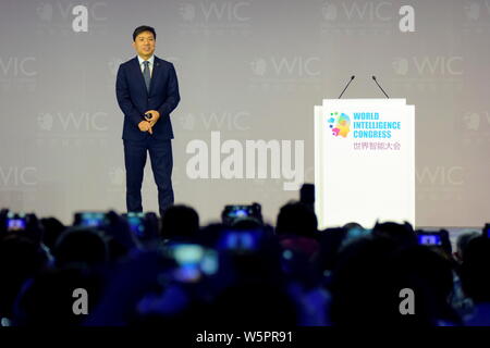 --FILE--Robin Li Yanhong, Chairman and CEO of Baidu, speaks at the main forum during the first World Intelligence Congress, also known as WIC2017, in Stock Photo