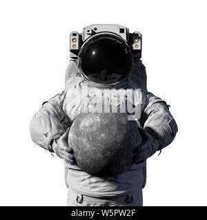 astronaut holding planet Mercury, isolated on white background Stock Photo