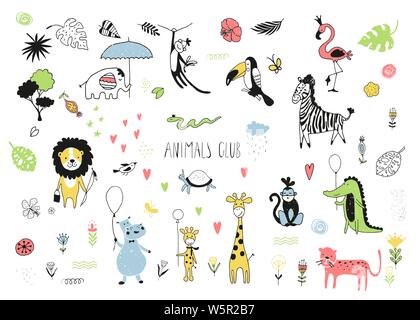 Safari cute animals doodle set. Naive art Stock Vector