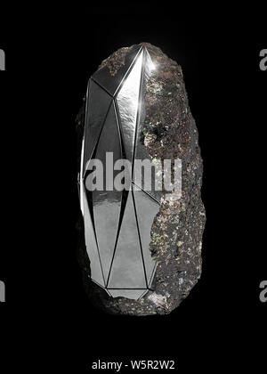 steel monolith embedded in rock, abstract shape, sci-fi object isolated on black ground Stock Photo