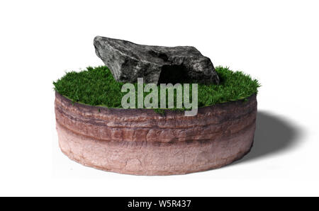 model of a cross section of ground with grass and a huge rock on the surface (3d render, isolated on white background) Stock Photo