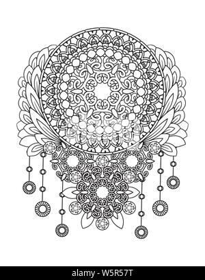 Adult coloring page. Dreamcatcher with fmandalas and flowers. Native American Indian talisman. Black and white doodle ornament. Isolated on white background. Ethnic design. Vector illustration Stock Vector
