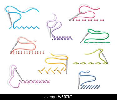 Sewing needles on white background with embroidery stitches Stock Vector