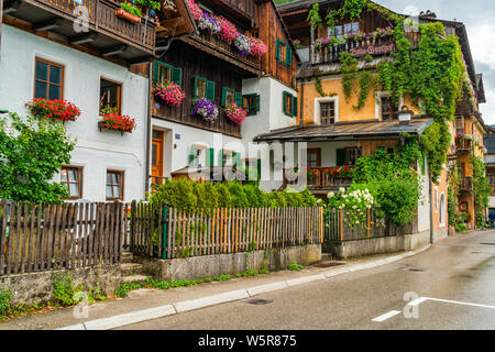 HALLSTATT, AUSTRIA - JULY 08 2019:Hallstatt, a town on Hallstatter Lake in Salzkammergut region was declared World Heritage Site in 1997. It's known f Stock Photo