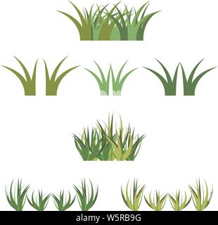Set of vector green grass horisontal bunches, isolated on white. Cartoon props decoration, variety of vector grass green and light green colors. Stock Vector