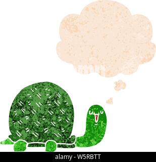 cute cartoon turtle with thought bubble in grunge distressed retro textured style Stock Vector