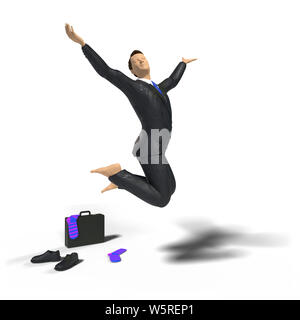 barefoot toy miniature businessman figurine is jumping for joy and happiness, with colourful socks, shoes and briefcase, concept isolated on white bac Stock Photo