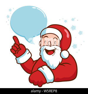 Christmas message, holiday wishes. Happy cartoon Santa Claus with a speech bubble talking. Merry Christmas. Stock Photo