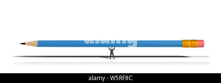 toy miniature businessman figure lifting a blue pencil, concept isolated on white background Stock Photo