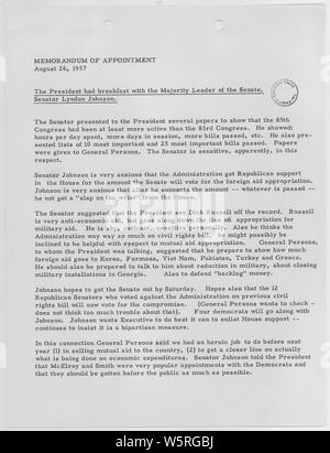 Memorandum of a meeting between President Eisenhower and Lyndon B. Johnson; Scope and content:  This document relates to foreign aid, military aid, and the Civil Rights Bill. Stock Photo