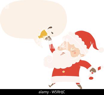 cartoon santa claus with hot cocoa with speech bubble in retro style Stock Vector
