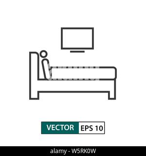 Man watching tv in bed icon. Outline style. Isolated on white background. Vector illustration EPS 10 Stock Vector