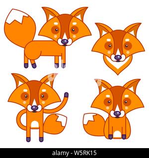 Vector Set Of Cartoon Funny Fox Isolated On White Background. Cute, Funny Animal, Fox Character Doing Various Actions Ready For Your Design, Greeting Stock Vector