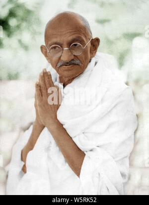 Mahatma Gandhi with folded hands greetings namaste Delhi India  Asia 18-March-1939 Father of India old vintage 1900s picture Stock Photo