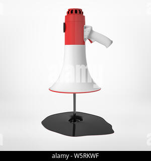 3d rendering of megaphone floating in air, its trumpet down, with black liquid dripping out and forming a puddle, on light background. Stock Photo